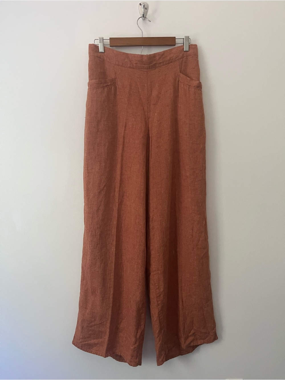 FLAX Linen Wide Leg Pants High Rise Lagenlook Pockets Earthy Boho Orange M